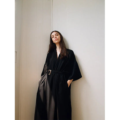 Elegant lace-accented mid-length dress in black, featuring a premium rabbit fur fabric and adjustable waist belt for a flattering silhouette.