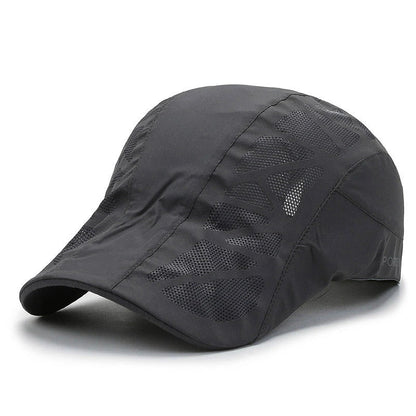 Breathable mesh summer beret cap with adjustable fit, cotton construction, and sun-shielding brim