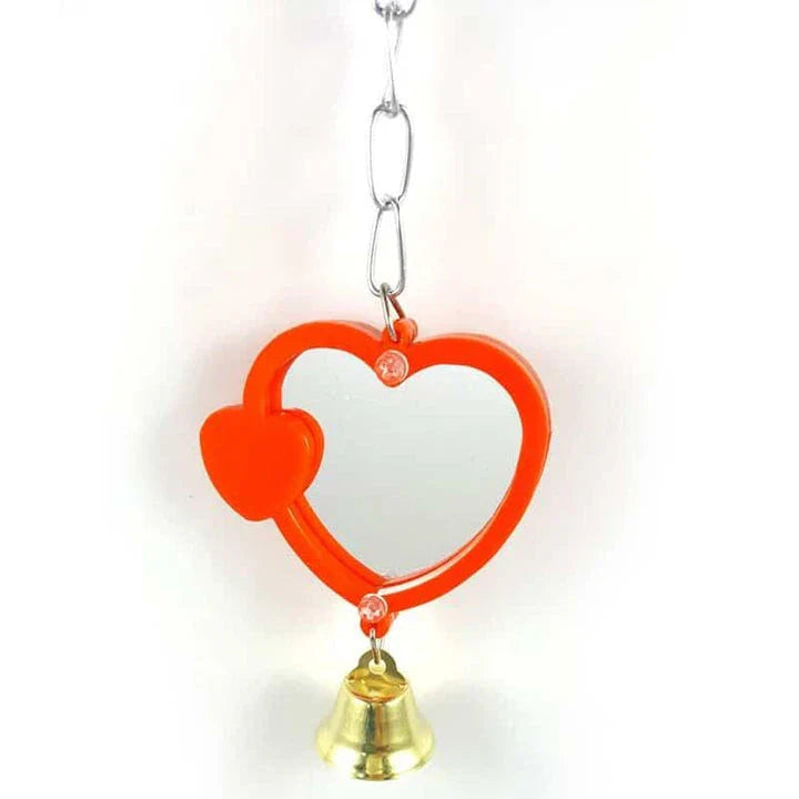 Heart-shaped mirror for birds made of acrylic and metal, providing a stylish and engaging accessory for your feathered companion's habitat