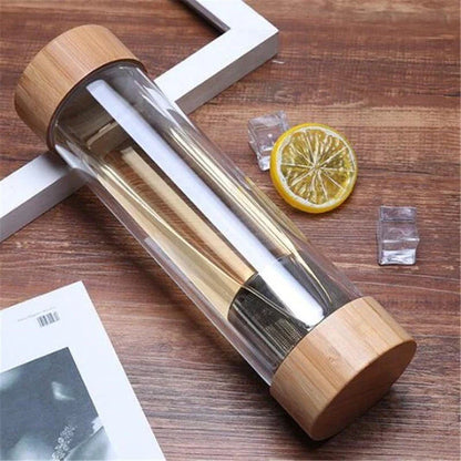 Premium glass water bottle with stainless steel tea infuser in bamboo color