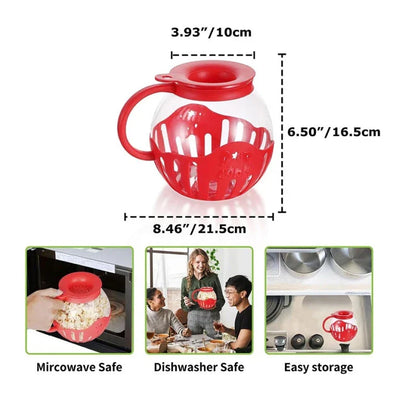 Microwave glass popcorn popper with red silicone lid, ready to make fresh, healthy popcorn