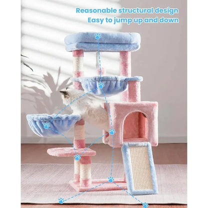 A multi-level cat tree tower with padded beds, hammocks, and sisal-wrapped scratching posts for indoor cats to play, rest, and scratch