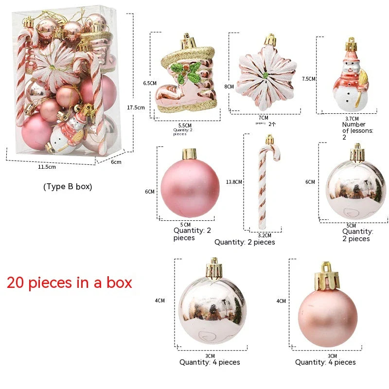 Rose gold Christmas ornaments in a gift box, including gourds and candy canes, for elegant holiday decor
