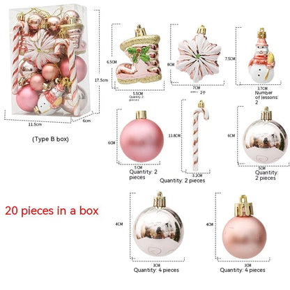 Rose gold Christmas ornaments in a gift box, including gourds and candy canes, for elegant holiday decor