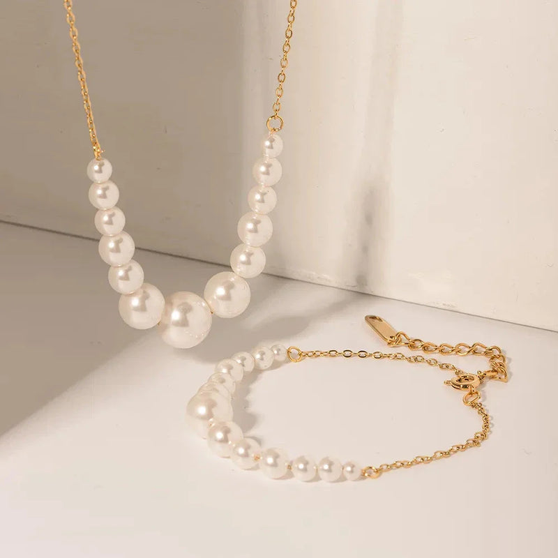 Hhomeenjoy Elegant Pearl and Gold-Plated Stainless Steel Necklace/Bracelet