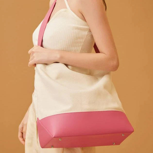 Casual Canvas Patchwork Tote Bag in White and Pink Color for Stylish American Women