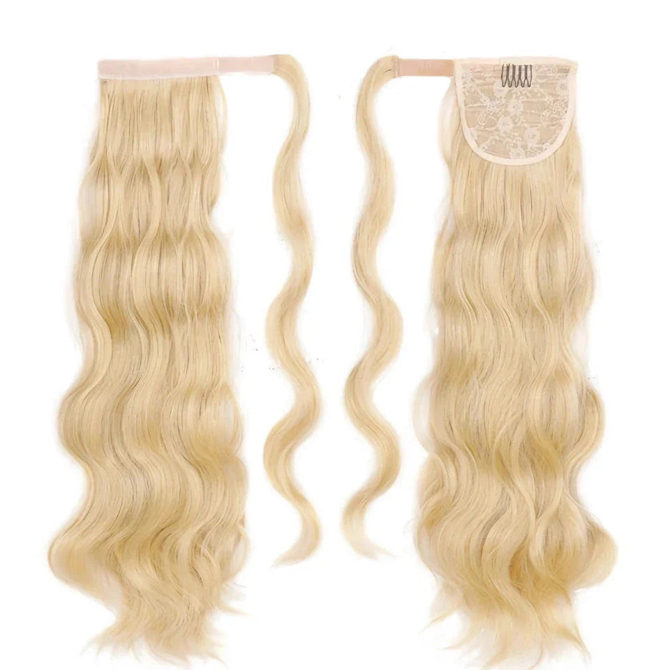 Glamorous blonde wavy clip-in ponytail for a Hollywood-inspired hairstyle