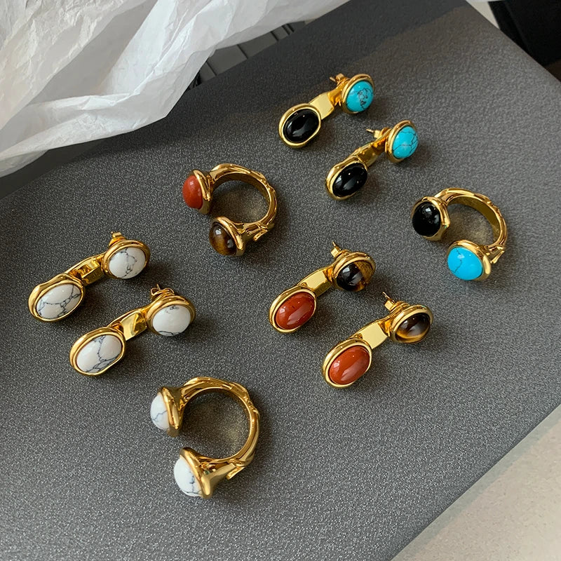 Chic marble-colored tiger eye retro earrings with geometric patterns and a removable upper round design