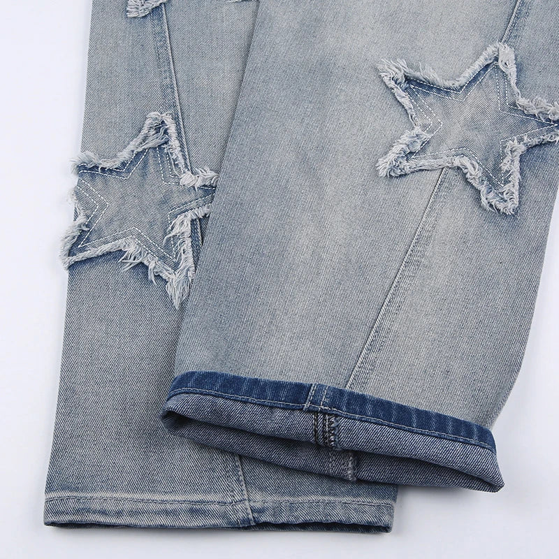 Premium embroidered high-rise straight leg denim jeans in a classic blue color