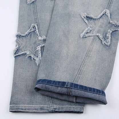 Premium embroidered high-rise straight leg denim jeans in a classic blue color