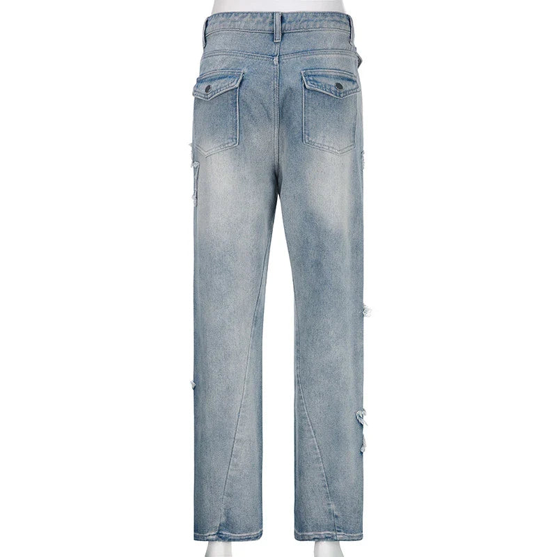 Premium embroidered high-rise straight leg denim jeans in a classic blue color