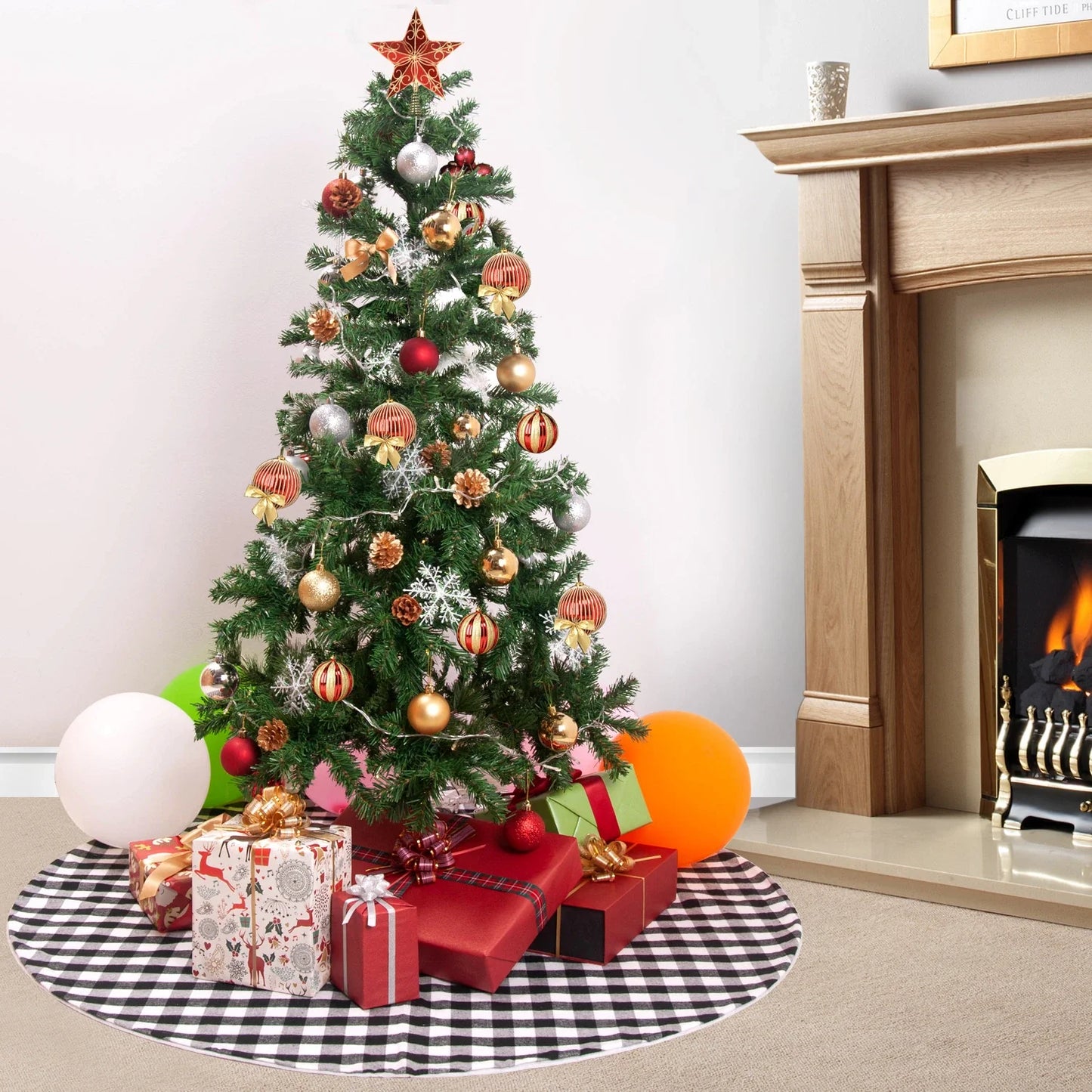 Premium black and white plaid Christmas tree skirt with classic pattern and durable non-woven fabric construction