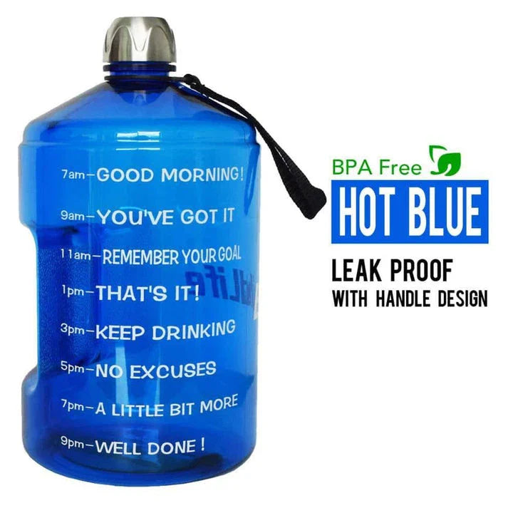Durable gallon-sized water bottle with clear time markings for easy hydration tracking