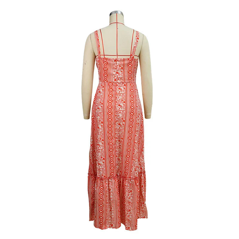 Floral print sling dress with mid-length design, available in sizes S-XL and orange red color