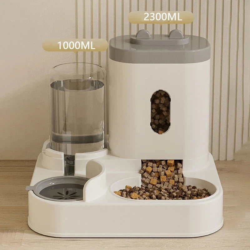 Automatic 2-in-1 Pet Feeder and Water Dispenser in various colors - grey, yellow, blue, and pink - with large capacity and self-refilling design