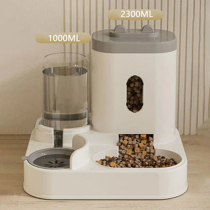 Automatic 2-in-1 Pet Feeder and Water Dispenser in various colors - grey, yellow, blue, and pink - with large capacity and self-refilling design