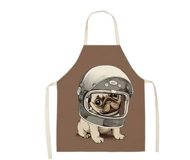 Charming pug-themed apron with a vibrant print, made of durable cotton and linen materials for practical kitchen use.