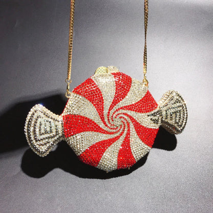 A stylish candy-shaped bag adorned with sparkling rhinestones, featuring a compact and versatile design perfect for everyday use.