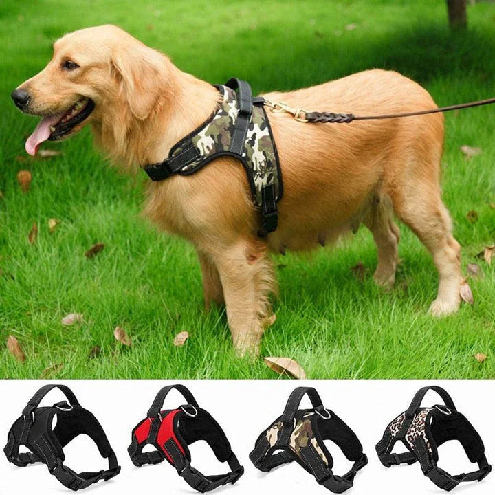 Durable nylon dog harness in camouflage pattern with adjustable straps for a custom fit