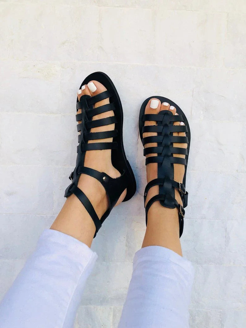 Stylish and comfortable ladies ribbon stitching lace leather roman sandals in black and yellow colors