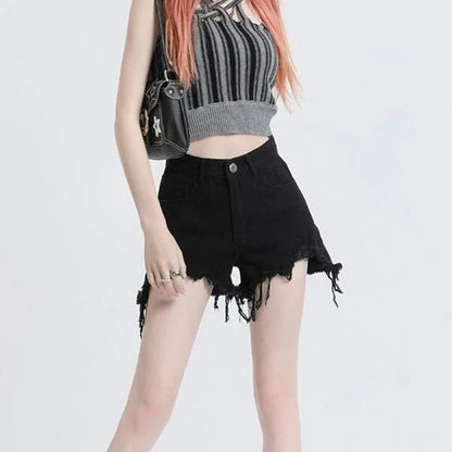 Chic high-waisted black denim shorts with stylish button detailing for a flattering and comfortable look