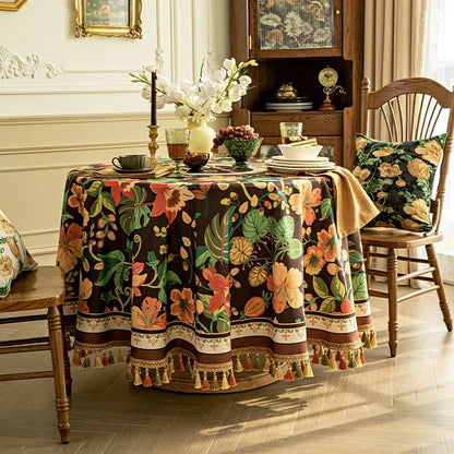 Elegant dark brown luxury tassel tablecloth with intricate printed patterns and delicate tassels, perfect for refined dining experiences