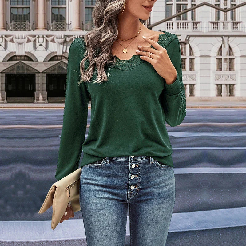 Elegant polyester lace blouse for women in various colors, featuring a long-sleeve silhouette and classic design