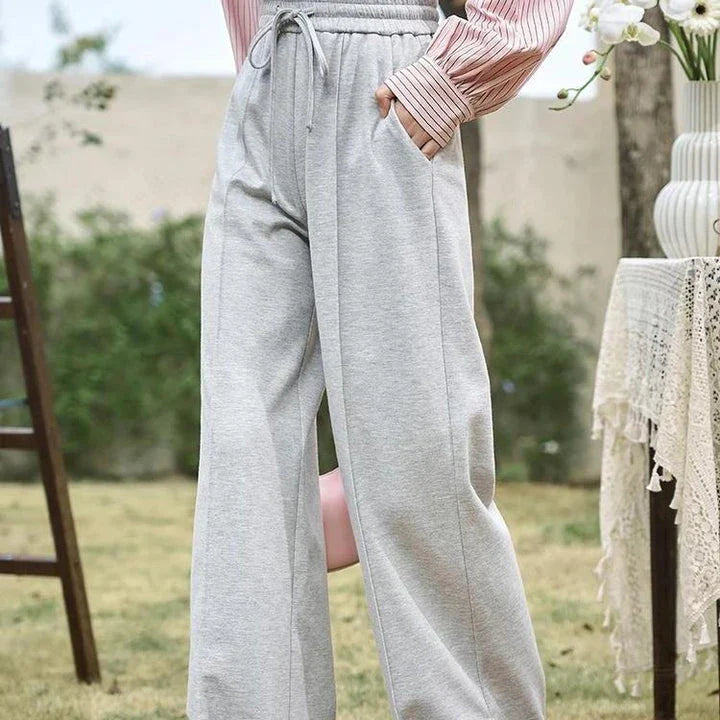 High-Waisted Wide Leg Casual Pants with Lace-Up Waist in Gray Color