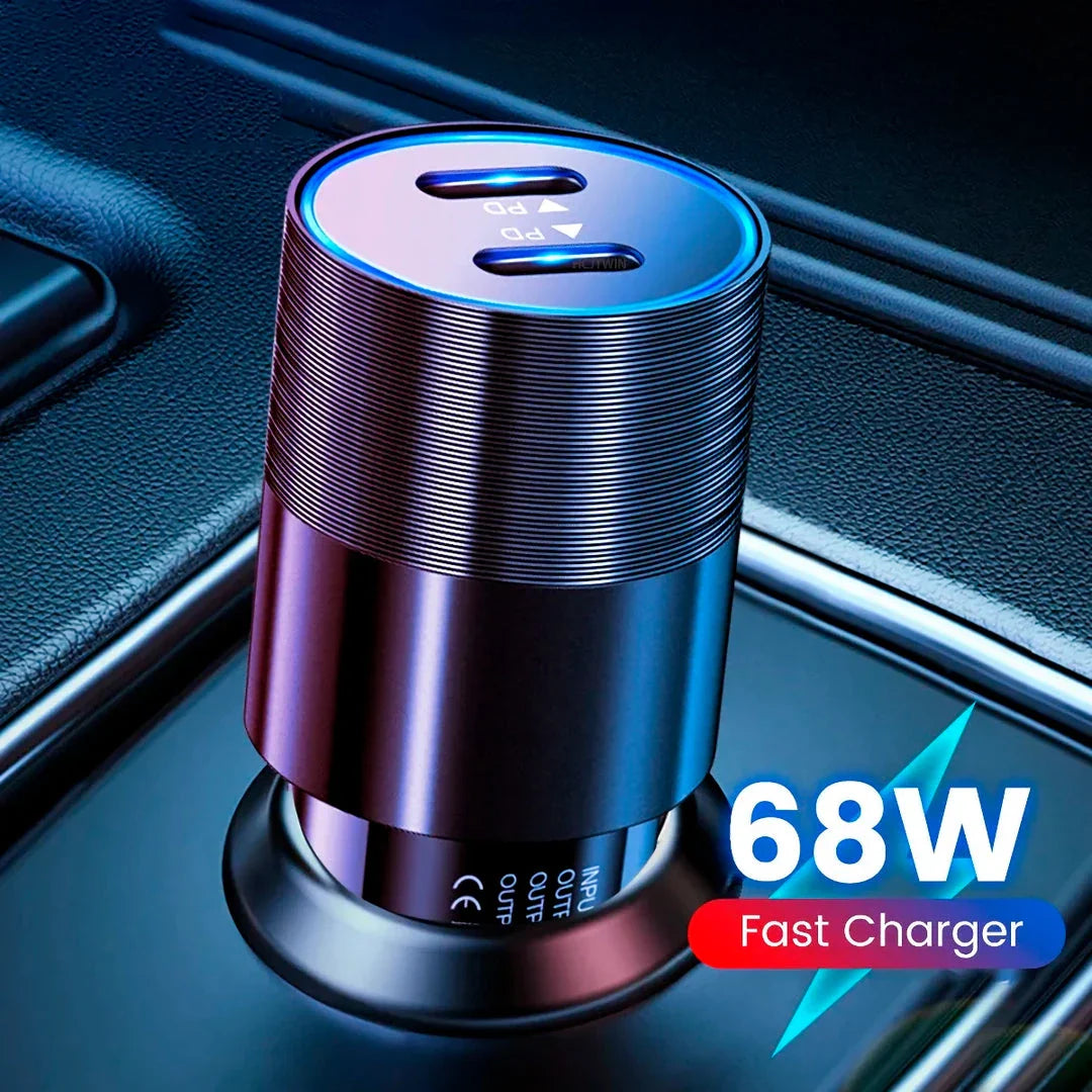 68W Dual USB-C Car Charger with lightning-fast charging capabilities and sleek, compact design
