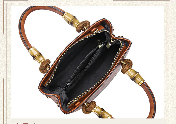 Bamboo shoulder bag with a roomy interior, multiple pockets, and a retro-inspired design for everyday use