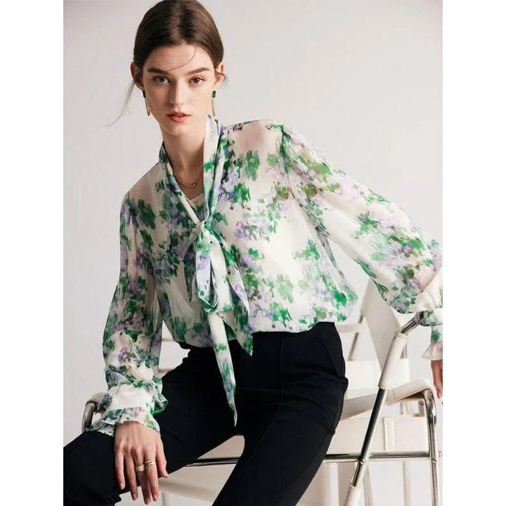 Elegant floral silk-blend bow collar blouse for professional women with a comfortable and flattering fit