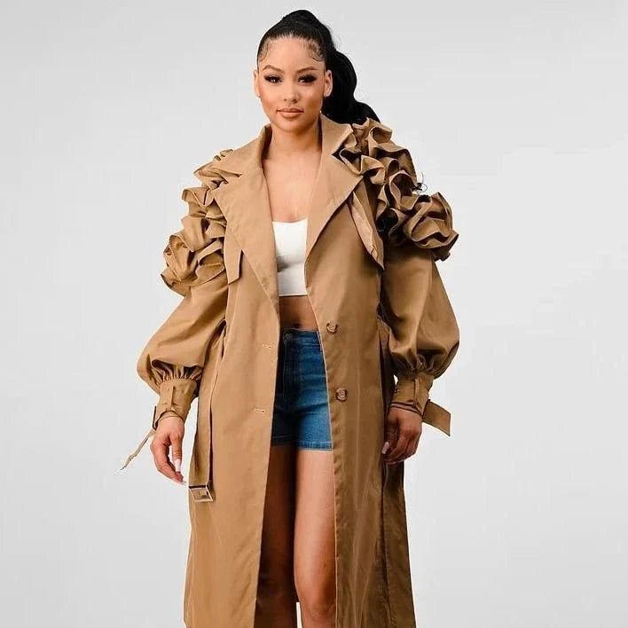 Frill Trim Windbreaker in Khaki color, featuring a turn-down collar and ruffle trim details for a sophisticated and timeless look.