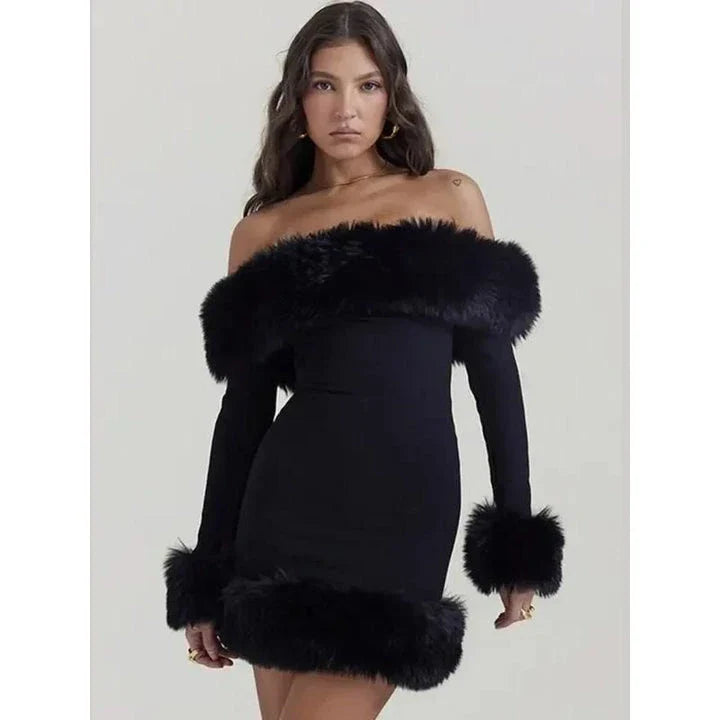 Elegant off-shoulder bodycon mini dress with fur trim for stylish autumn and winter occasions