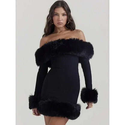 Elegant off-shoulder bodycon mini dress with fur trim for stylish autumn and winter occasions