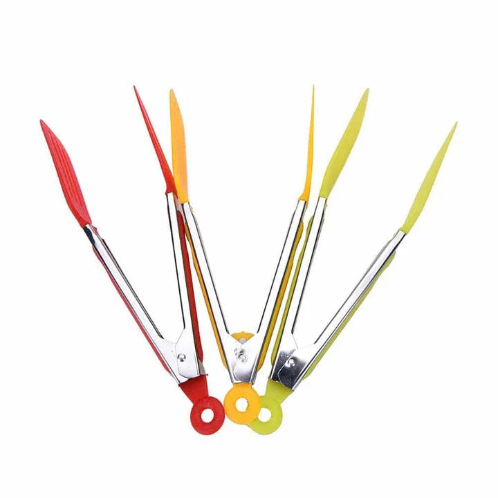 Colorful stainless steel BBQ tongs with silicone grips for secure handling of hot items on the grill