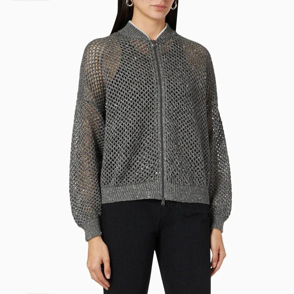 A stylish, sequin-embellished linen blend knit top with a flattering slim fit and sophisticated design.