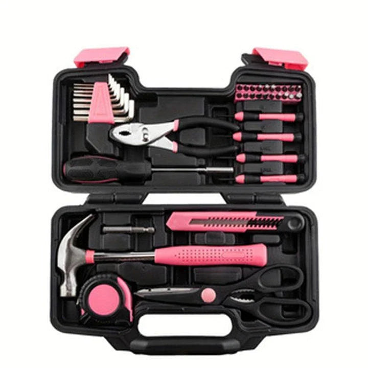 Versatile 39-Piece Pink Household Tool Kit with essential tools for home, office, and DIY projects