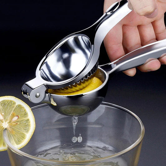 A high-quality manual lemon squeezer made of durable stainless steel, designed for effortless juicing of citrus fruits.