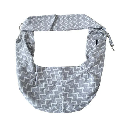 Adjustable gray striped cotton pet sling carrier bag for pets up to 13 lbs