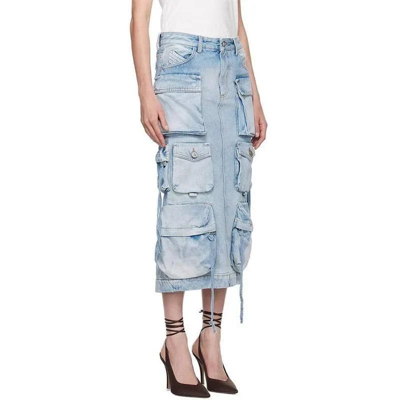 A high-waisted denim skirt with a distressed ribbon slit, perfect for adding a touch of fashionable flair to your spring wardrobe.