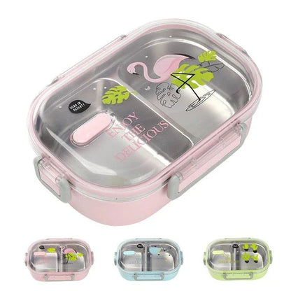 A pink stainless steel lunch box with a 650ml capacity, perfect for active kids on the go.
