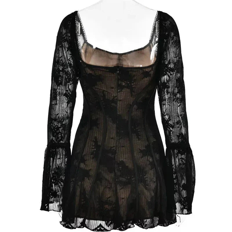 Elegant square collar backless flare sleeve mini dress in black color