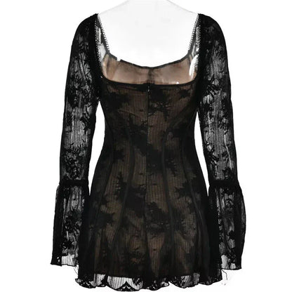 Elegant square collar backless flare sleeve mini dress in black color