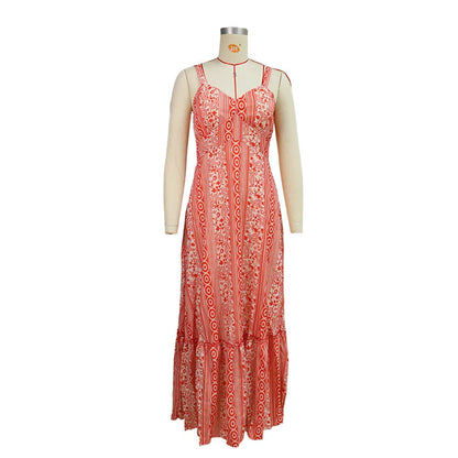 Floral print sling dress with mid-length design, available in sizes S-XL and orange red color