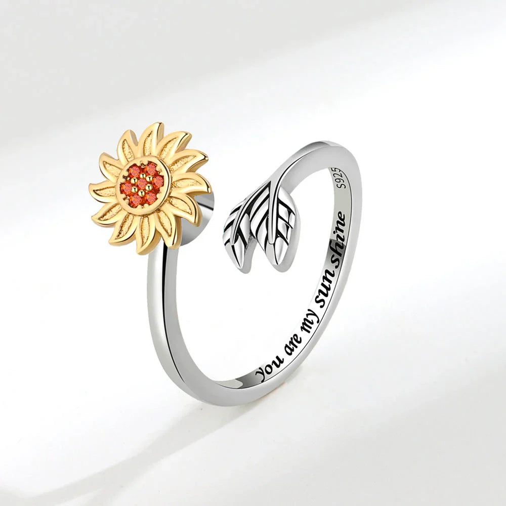 Sunflower Adjustable Rotating Ring in Platinum Finish - Elegant Floral Accessory for Everyday Wear