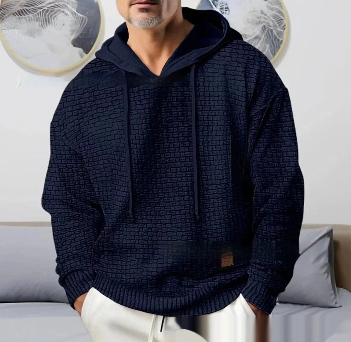 Cozy hooded jacquard sweater for modern American men, available in multiple color options and sizes