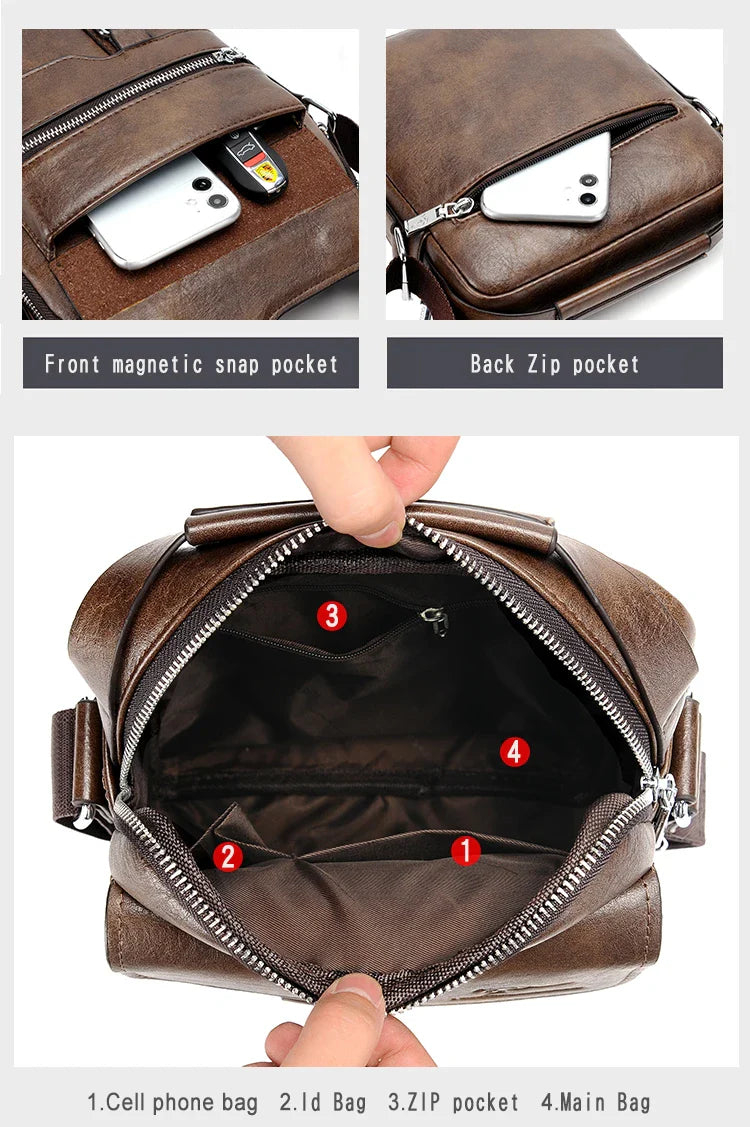 Fashionable casual men's Korean-style satchel bag made of premium PU leather with multiple compartments and adjustable strap