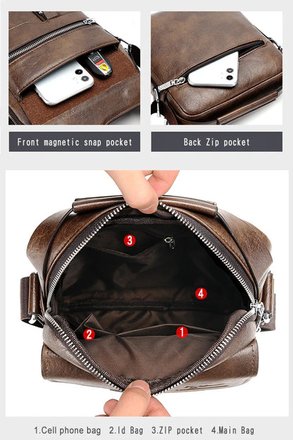 Fashionable casual men's Korean-style satchel bag made of premium PU leather with multiple compartments and adjustable strap