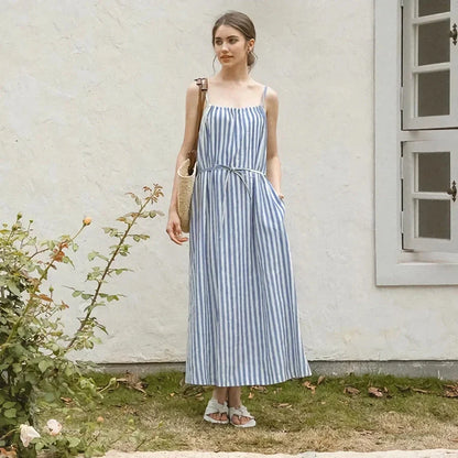 Chic striped cotton linen maxi dress with a flattering A-line silhouette and natural waistline
