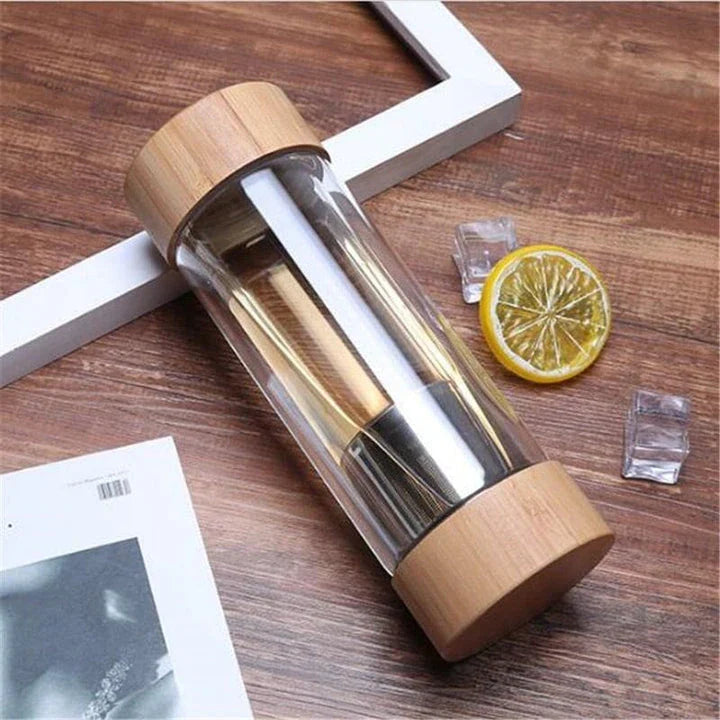 Premium glass water bottle with stainless steel tea infuser in bamboo color